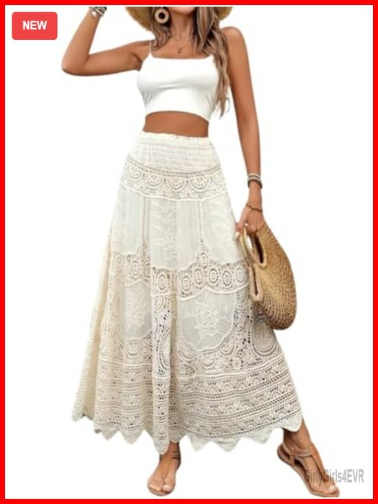 Dresses & Skirts - Women's Floral Embroidered Knit Maxi Skirt, Elastic Waist Flared A-Line Long
